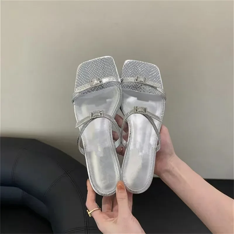 2024 Summer New Narrowband Women\'s Sandals Fashion Square with Women Elegant Open-toed Sandals Fashion Slippers Women\'s Shoes@2
