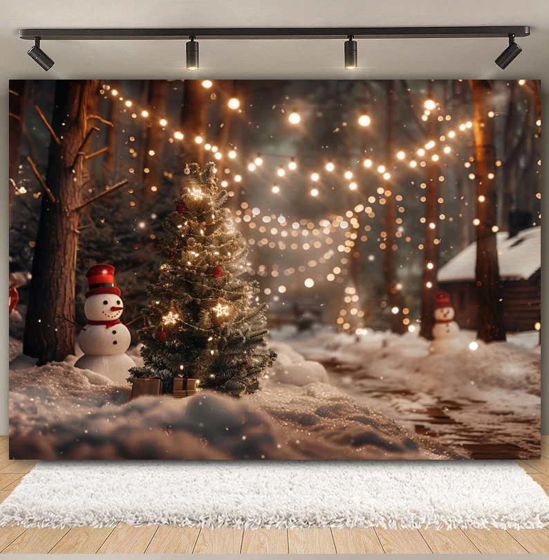 Christmas Backdrop Winter Snow Scene Street Xmas Tree Pine Snowman Fence Glitter Lights Kids Portrait Photography Background