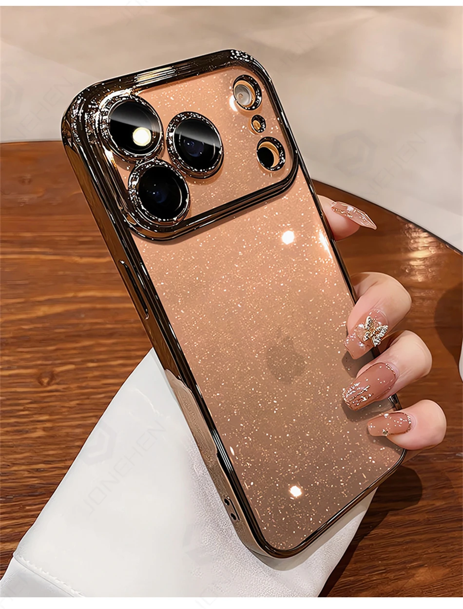 Luxuriöse Transparente Glitzer-Schutzhülle für iPhone 12 13 14 15 16 17 18 Pro Max mit Orangefarbener Beschichtung, Stoßfänger und Hartglas-Objektivabdeckung – Detail 15