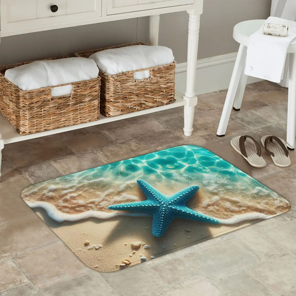 Beach Starfish Shell Non-slip Doormat Floor Mat Washable Carpet Rug for Kitchen Entrance Home Bathroom Living room Footpad Mats