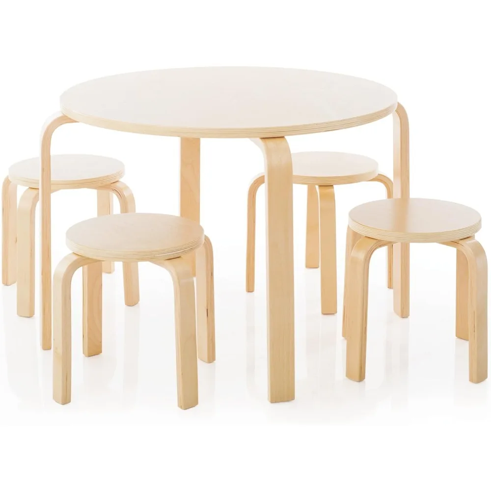 

Nordic Table and Chairs Set for Kids: Natural - 4 Stacking Bentwood Stools with Curved Wood Activity Table - Children's Modern