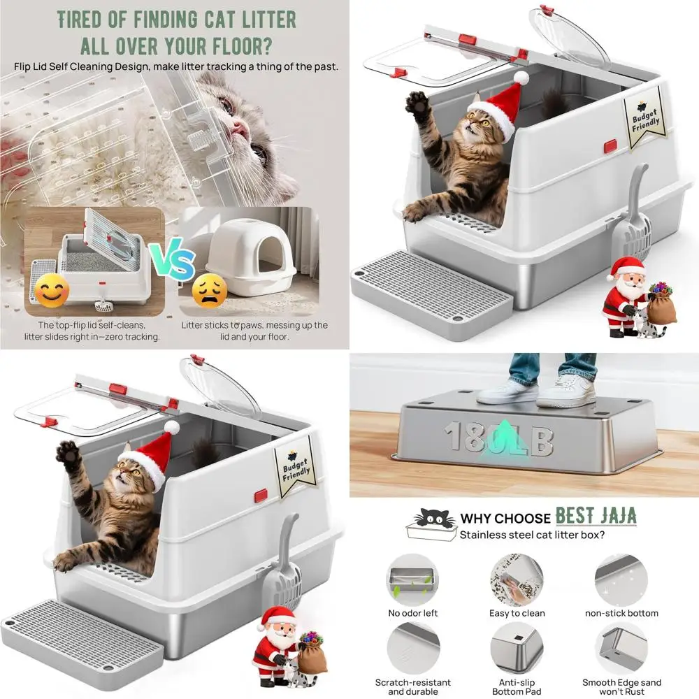 صندوق نفايات كبير جدًا من الفولاذ المقاوم للصدأ مع غطاء قلاب، تنظيف ذاتي، دخول علوي عالي الجوانب للقطط الكبيرة، فلتر كربون مدمج