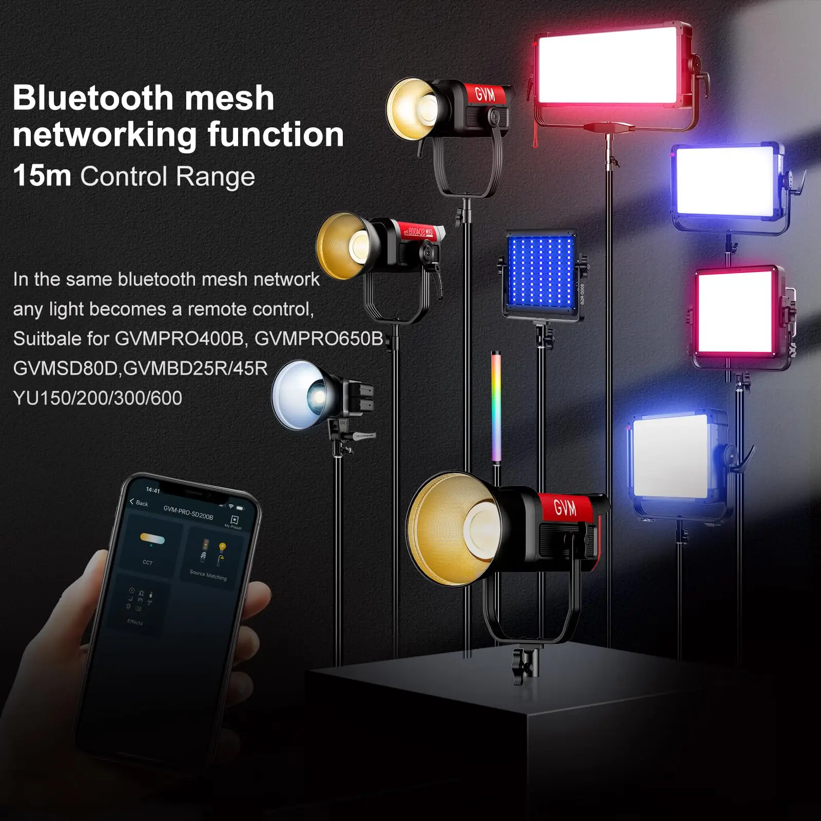 Imagem -06 - Kit de Iluminação com Bluetooth Mesh Network Led Video Light Controle Dmx Studio Light 200w 2700k6800k Gvm Sd200b Pro