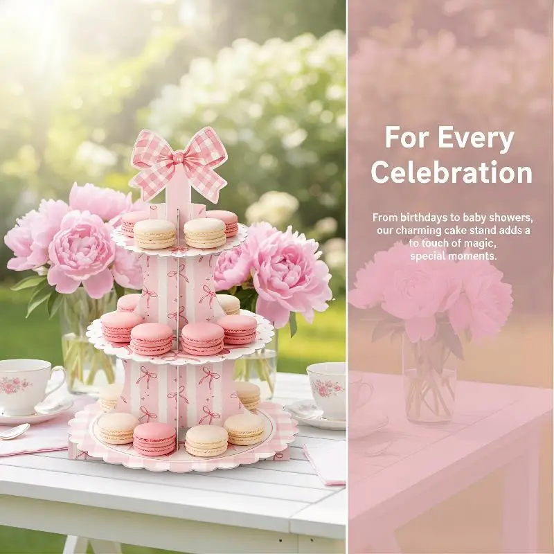 

3 Tier Cake Stand Cherry Bow Party Cake Display Stand Birthday Cupcake Bow Party Decoration For Kid Dessert Cake Rack