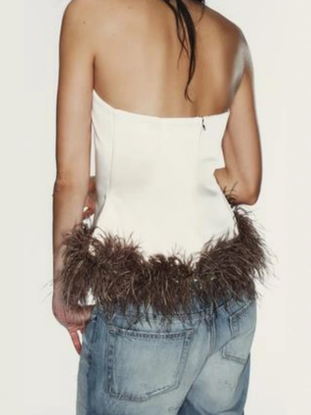 Pure Desire One Shoulder Wrap Chest Evening Style Feather Decorated Tube Top Women's Fashion Spring Summer Short Length ...