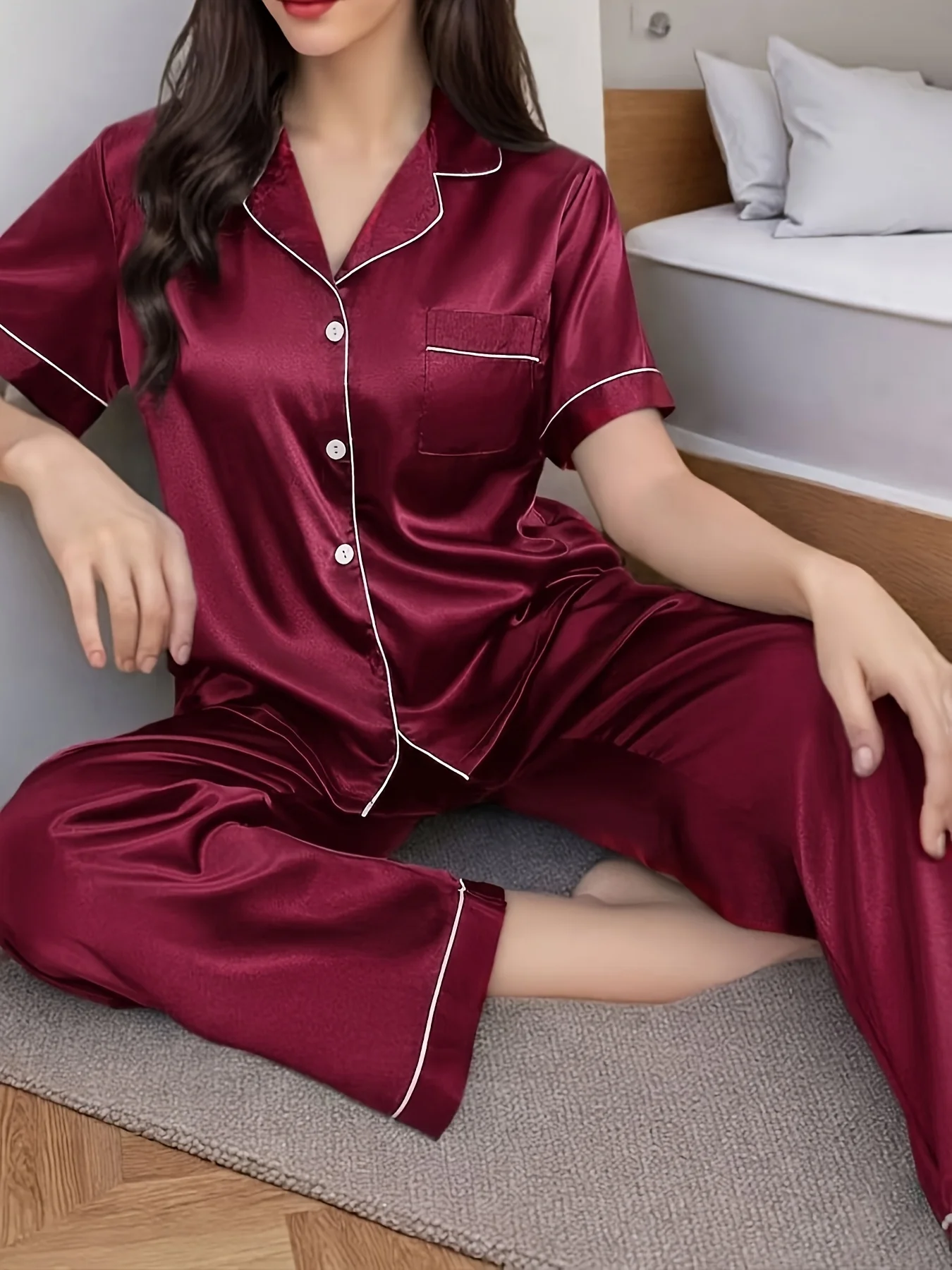 Satin Silk Pajamas Set Short Sleeve Top and Long Pants Women's Comfortable Casual Home Wear Spring Autumn Sleepwear