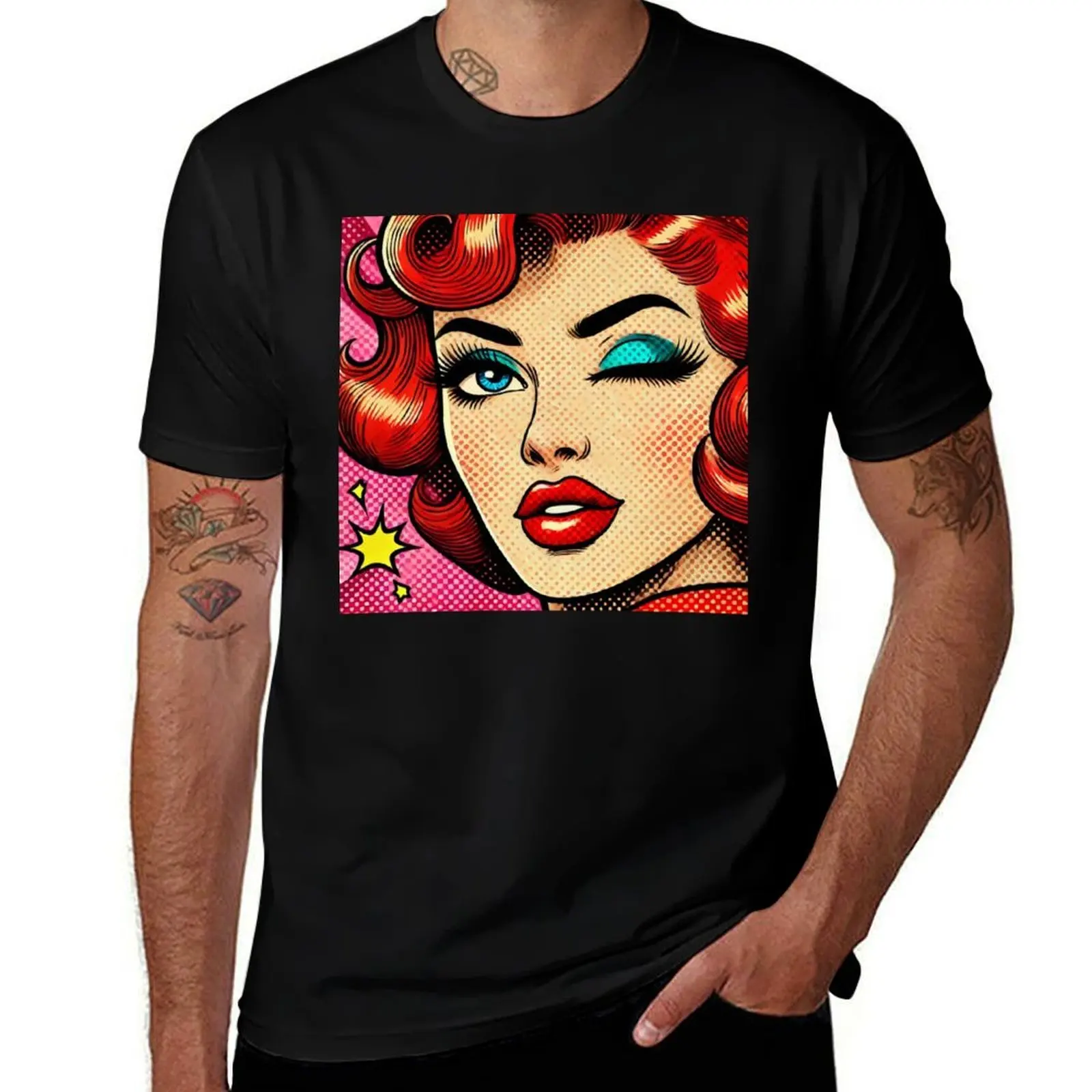 Retro Glam Pop Art Winking Redhead Pin Up T-Shirt Modern Style Print T-Shirt