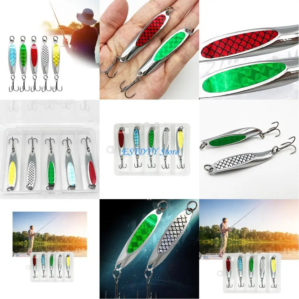 

G6DE 5Pcs Treble Hook Sequins Baits Casting Fishing Lures Baits Metal Spoon Lures
