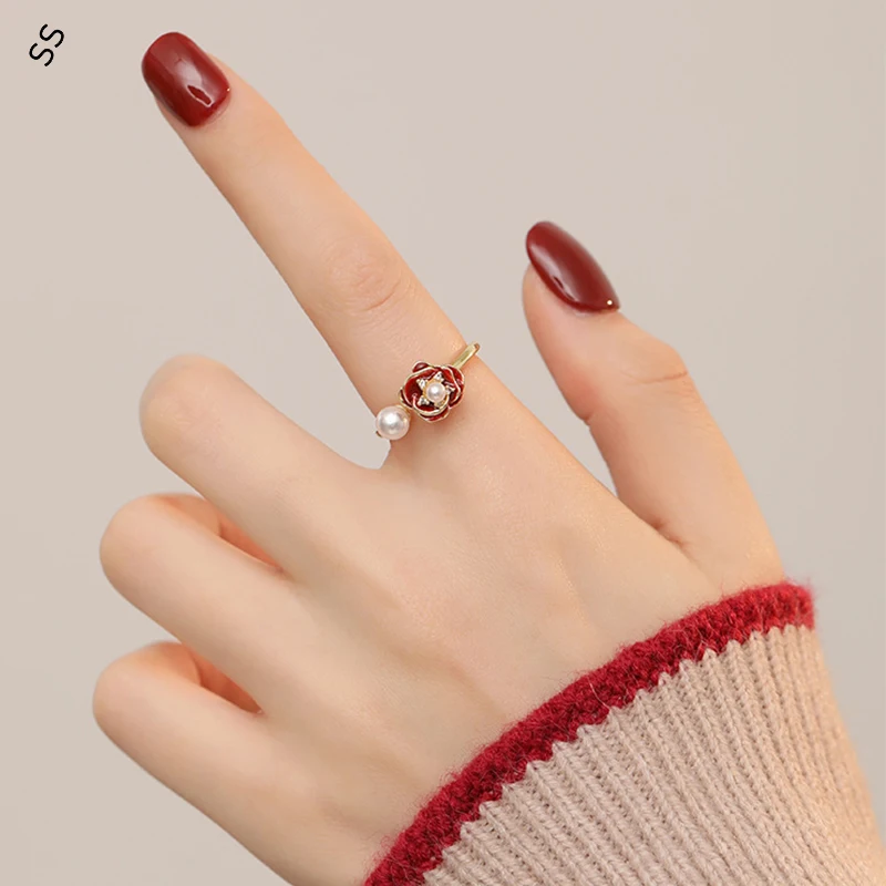 

Vintage Red Flower Pearl Ring for Women Fashionable Ins Style, Luxury Minimalist Design, Versatile Statement Piece