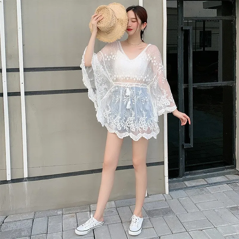 

Женское летнее хлопковое платье-накидка для пляжа с кружевными вырезами, рукавами «летучая мышь» и длинными рукавами, модное повседневное платье с принтом