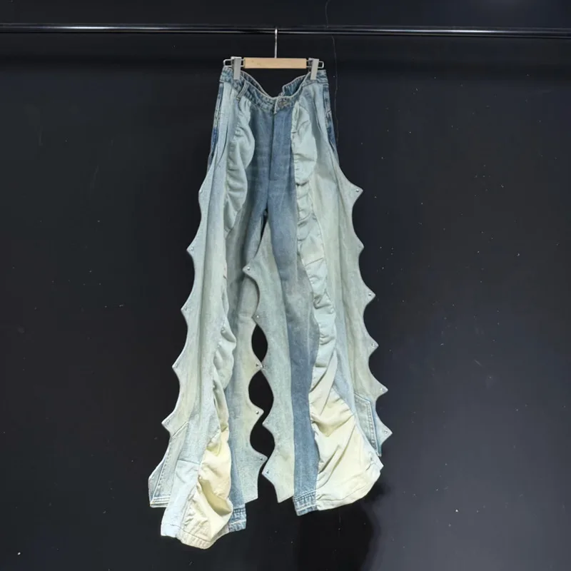 HKSH Spring Autumn New Men Tide Chic Ins Deconstructed Asymmetric Patchwork Jeans Heavy Loose Wide-Leg Cargo Pants Trend HK27477