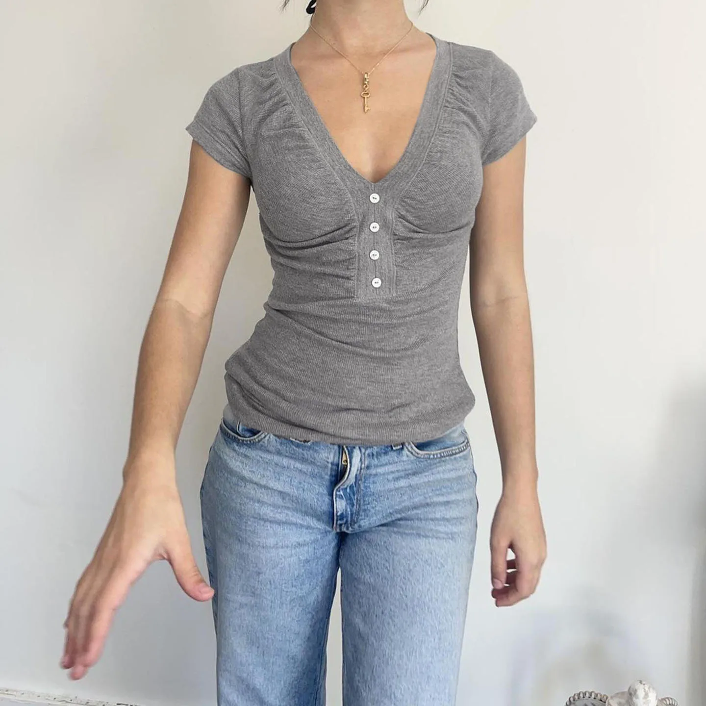 

IAMHOTTY Chest Folds V-neck T-shirt Elegant Slimming Short Sleeve Top Grey Casual Basic Clothing Summer French Style Tees Ladies