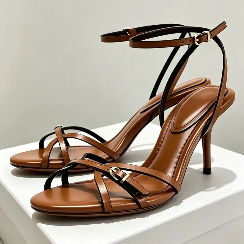 Brown Belt Buckle Designer Women Sandals Summer 2026 Narrow Band Open-Toe Slingback Office Shoes Unique Women Thin High Heels