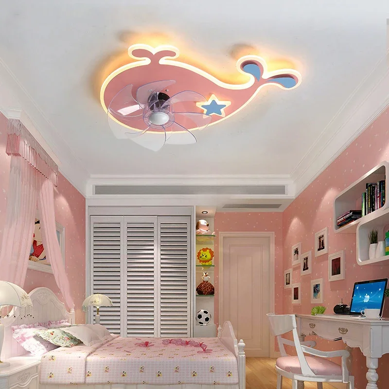 

Children's room Ceiling Fan Light Bedroom Invisible Variable Frequency Fan Integrated Electric Pink Fan Ceiling Lamp For Girls