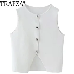 TRAFZA Y2K White Knitted Women Jacket Vest 2024 Summer Thin Sleeveless Buttons Irregular Slim Tanks Female Crop Top