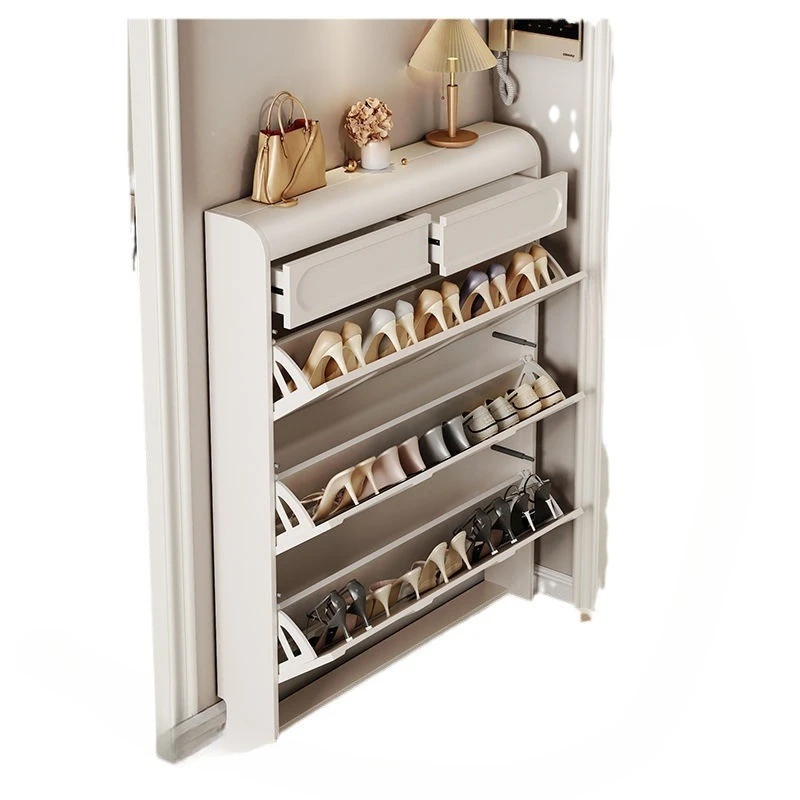 

The cream wind is ultra-thin, tipping bucket shoe cabinet is at door of the home, and door is against wall to