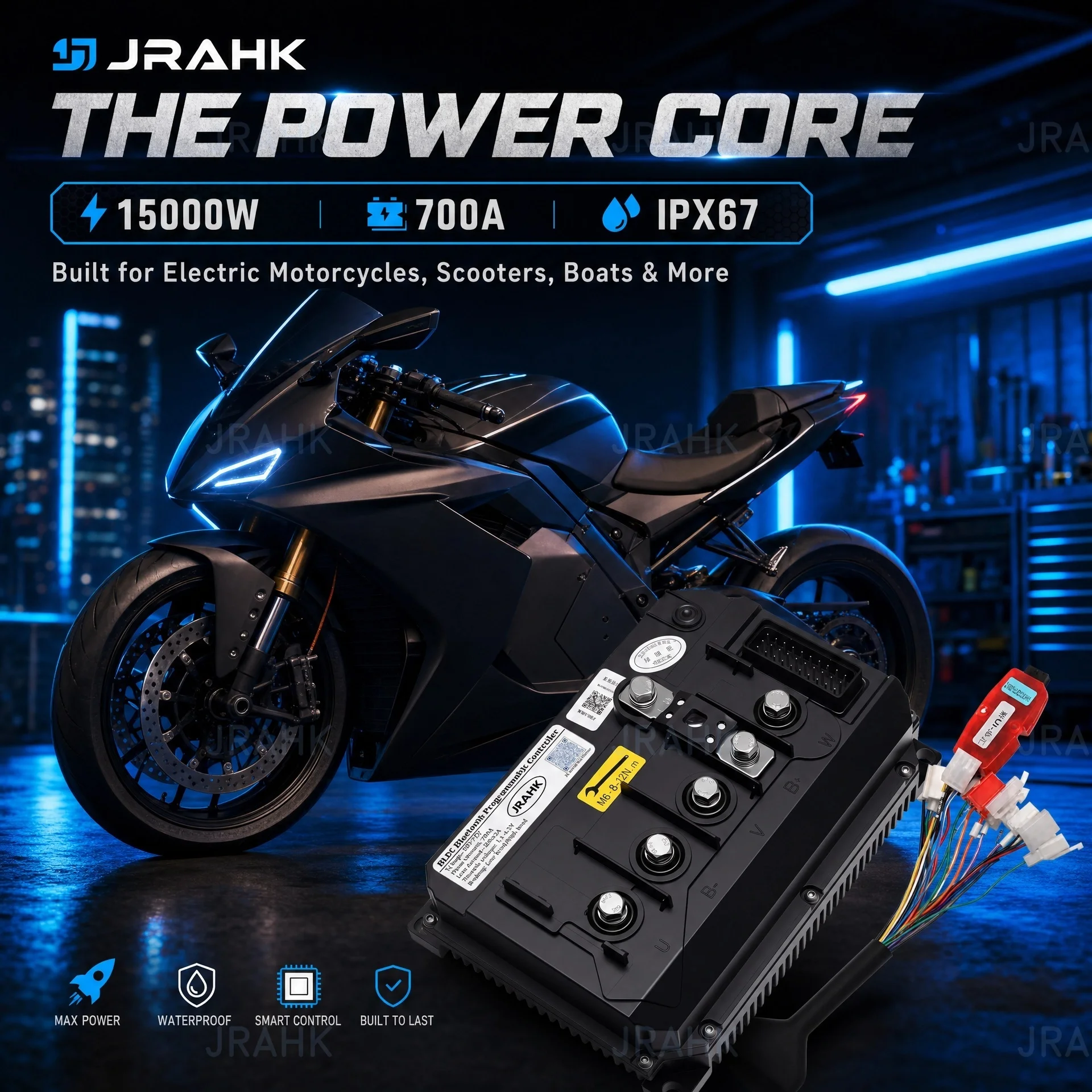 JRAHK 6000W-15000W 36V-72V 350A BLDC Motor Controller for Electric Motorcycle E-Scooter Hub Mid Drive Motor PMSM
