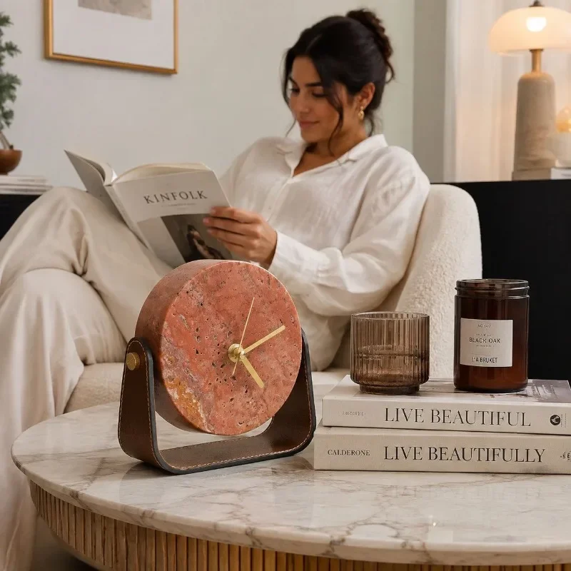 Natural Stone Desk Clock Leather Stand Silent Clock Luxury Decorative Table Clocks Home Bedroom Office Desktop Ornament Watch