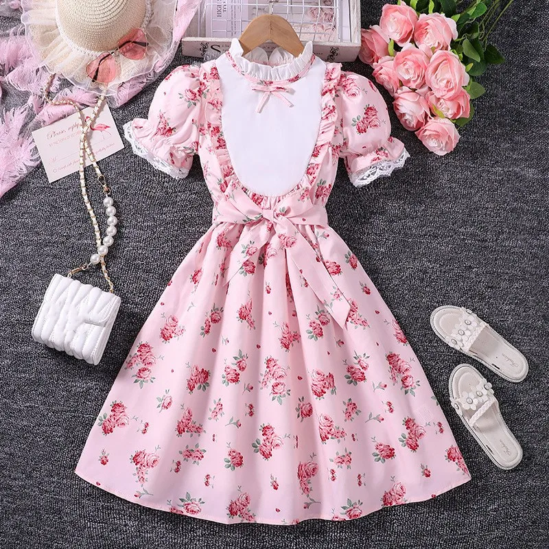 

2024 Summer New Arrival Girls Short Sleeve O Neck Ruffles Print Floral Pink Designer Cute Party Princess Dress Custume 18M-7T