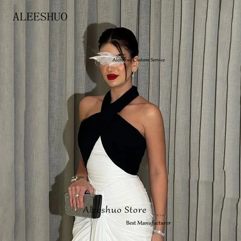 Aleeshuo simples preto branco sereia vestido de noite sexy plissado halter formal sem mangas até o chão vestidos de festa de baile personalizado