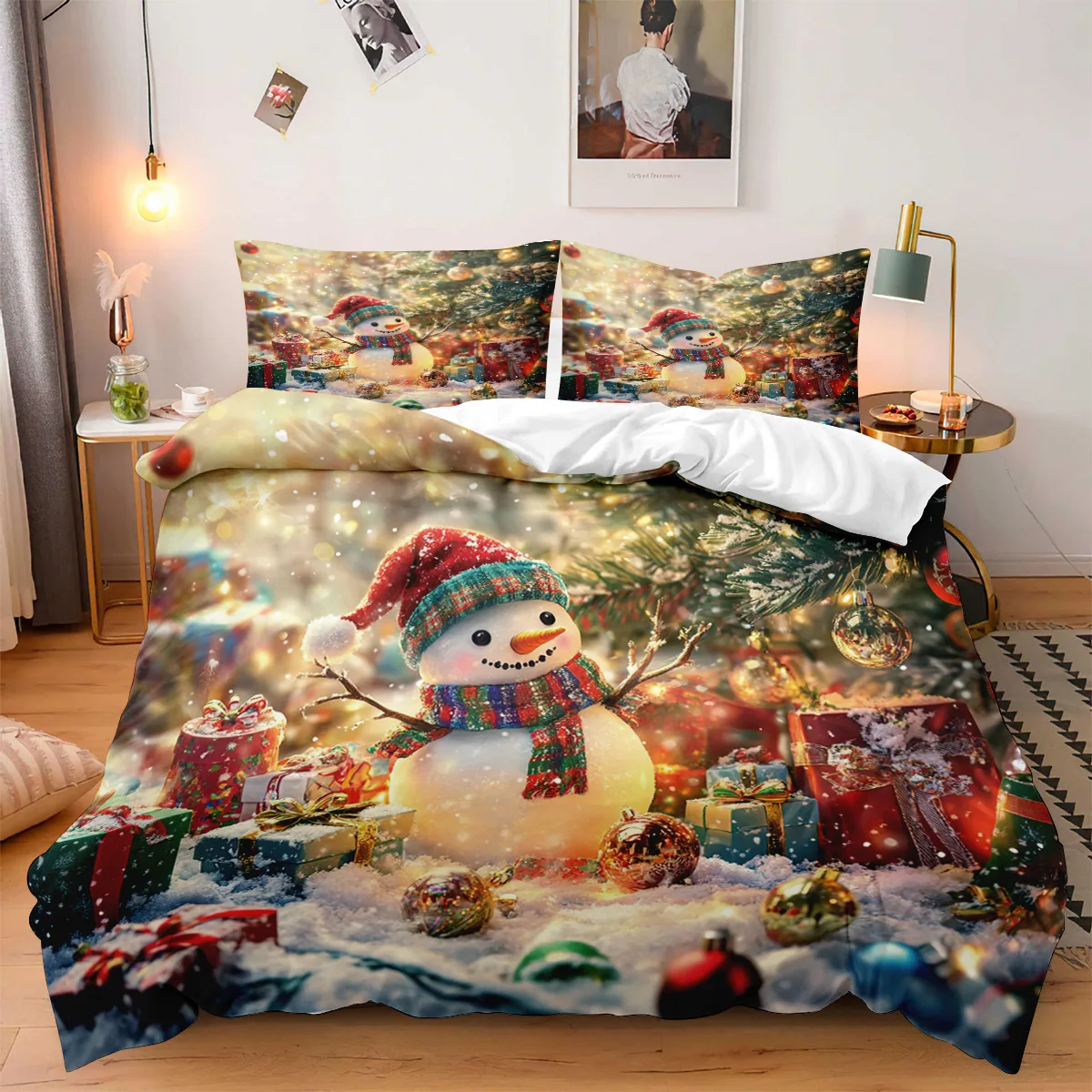 

Christmas Snowman Comforter Set 3PCS, Christmas Tree and Gift Pattern Holiday Bedding Set, Soft Microfiber Winter Home Set