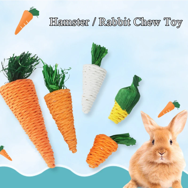 Cute Rabbit Chew Toy Bite Toys Pet Tooth Cleaning Toy Pet Supplies Straw Radish Grind Teeth Cat Play Guinea Pig Hamster Toys