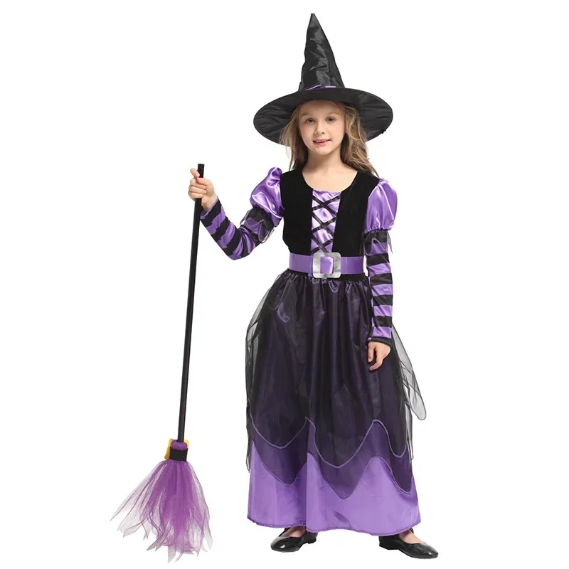 Halloween Mädchen Hexenkostüm Kinder Hexe Langes Kleid mit Hut Kleidung für Kinder Cosplay Party