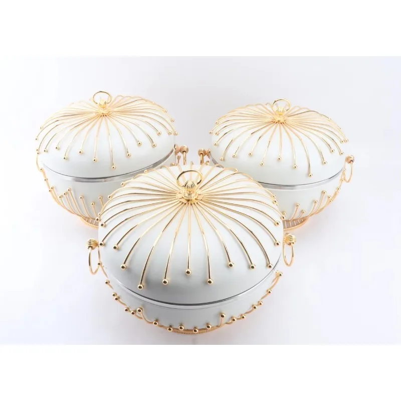Holiday dinner insulated tray with gold patterned lid, luxurious holiday party buffet three piece set