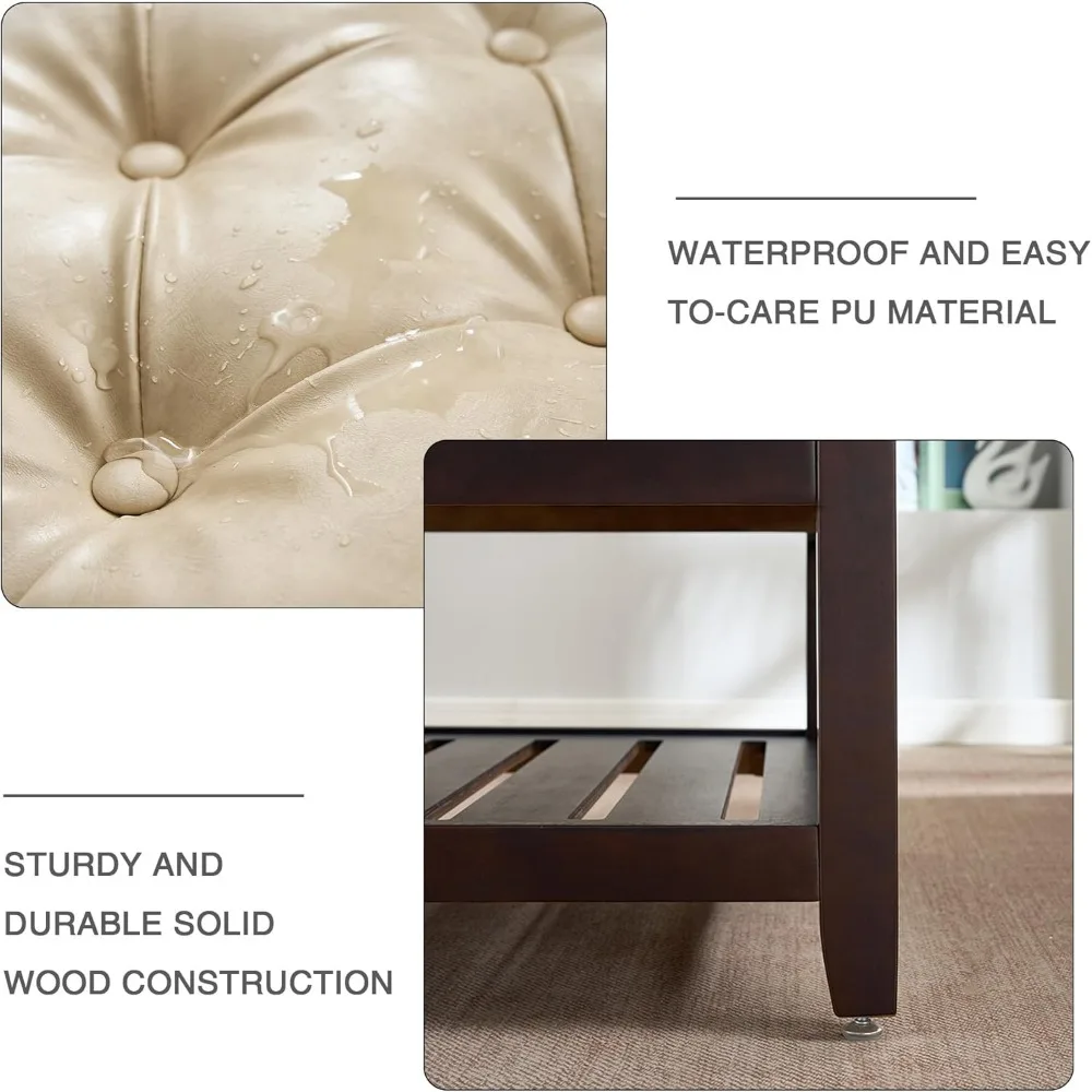 Otomano de armazenamento tufado moderno de 44 polegadas, banco de entrada estofado com pernas de madeira, extremidade confortável do banco de cama para armazenamento elegante