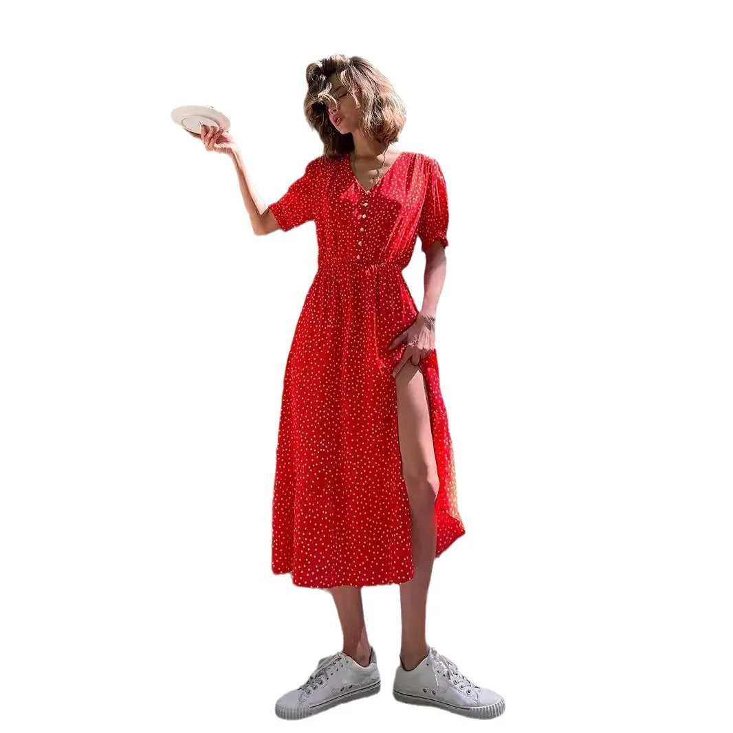 Birthday Dress for Women Wave Point Dresses 2025 Summer V-neck Waist Mid Length Red Dress for Women