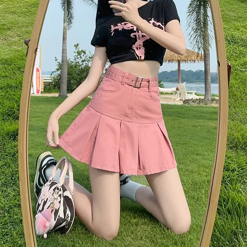

Pop 2023 New Summer High-Waisted Denim Skirt For Women Versatile Slimming Anti-Exposure A- Line Bifold Short Skirt
