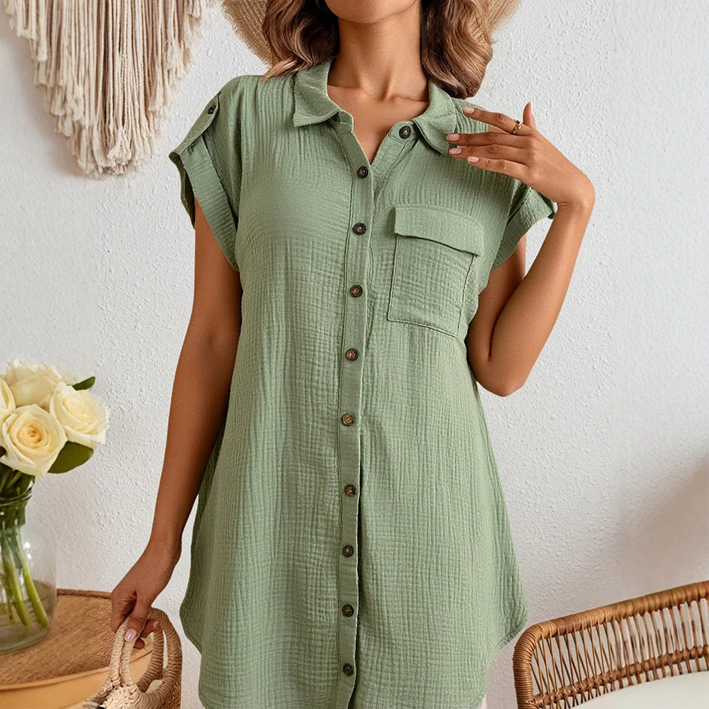 2025年夏 カジュアル 無地 半袖ワンピース シャツカラー ボタン留め ミニ丈 ベーシック Tシャツワンピース レディース