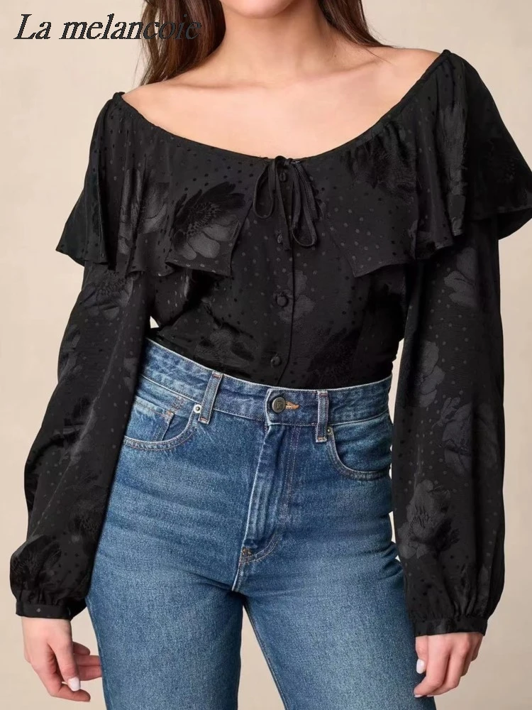 

Jacquard Shirt Women French Retro Ruffles Bubble Sleeve Blouse 2024 Spring New Fashion Turn Collar Lace Up Long Sleeve Shirts