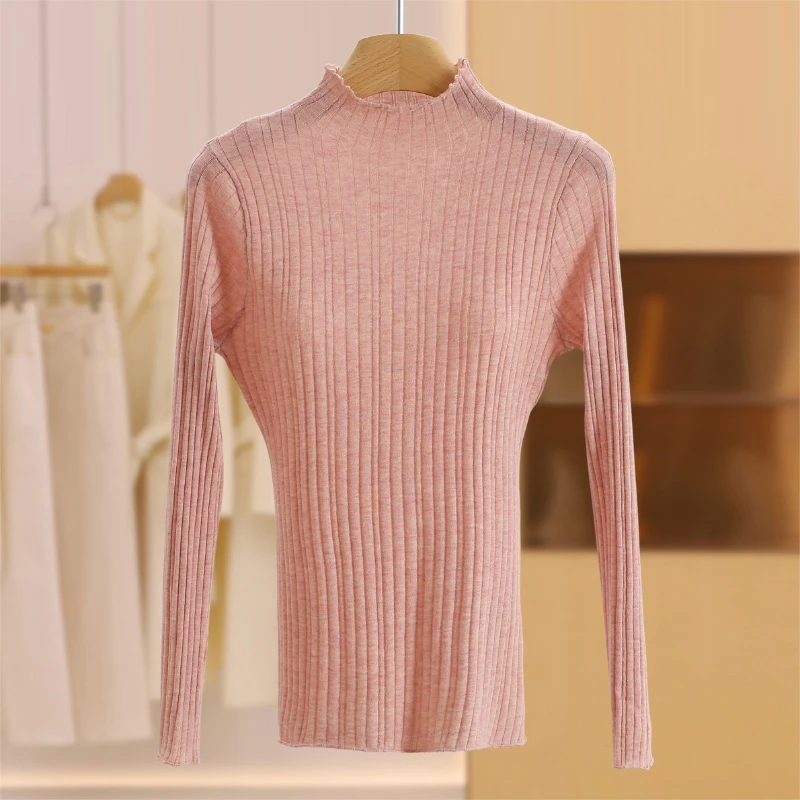 Soft Pure Color Skin-friendly Slim Fit f High Collar Sweater Base irt for Women Commute Sle Long Sve round Ne