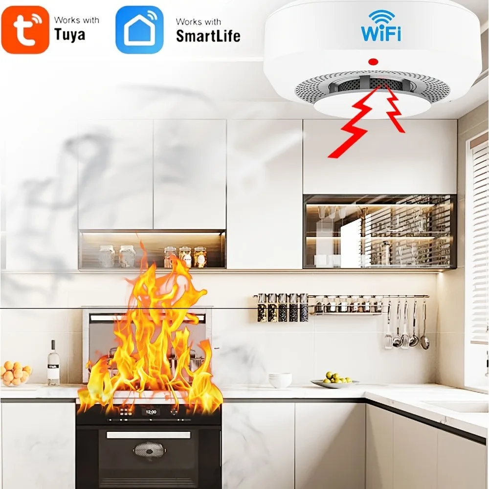 XUK WiFi Smart Smoke Alarm with App Alerts,Low Power Consumption,Battery-Powered(Batteries Not Included),Smoke Alarms For Home