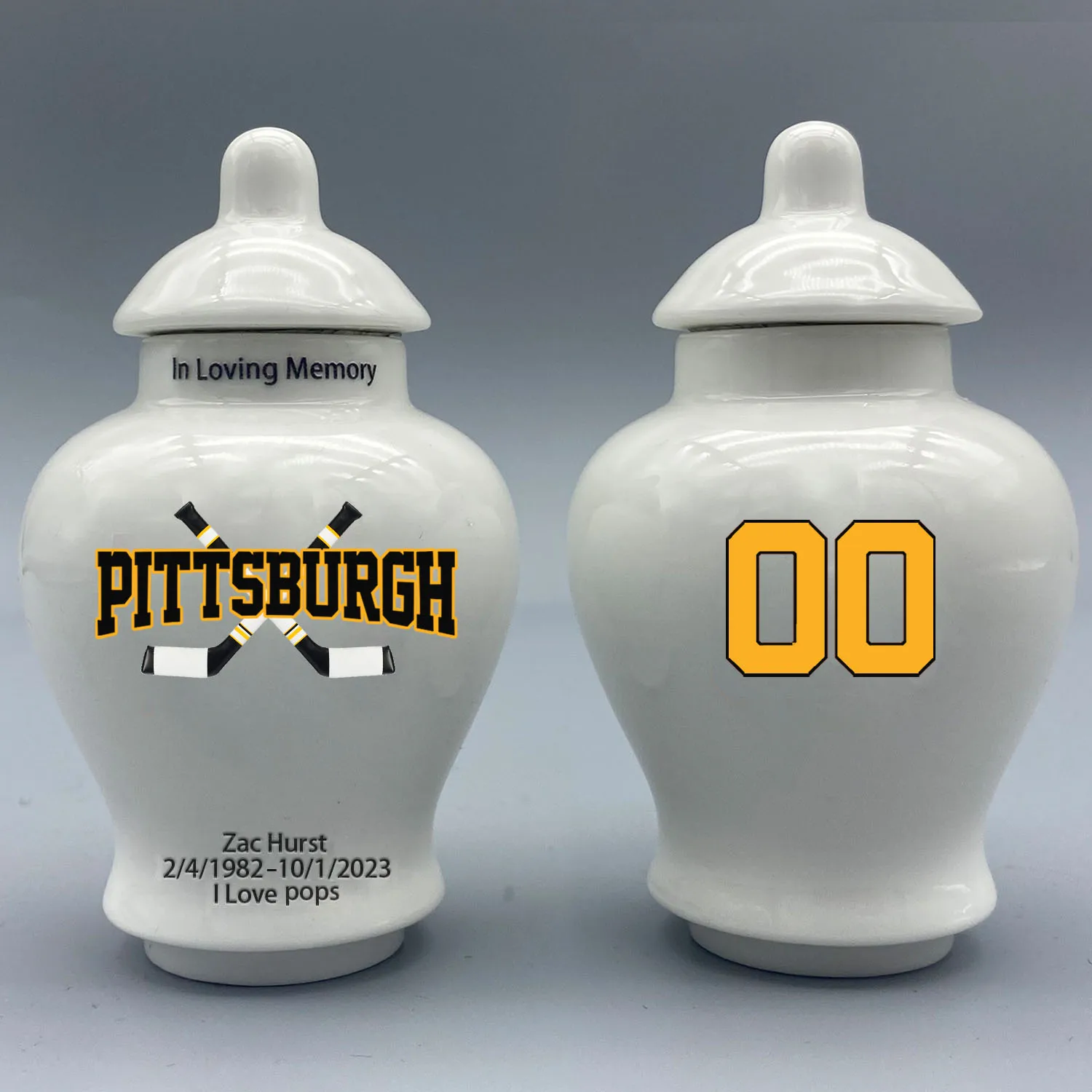 

Mini Urn for Pittsburgh Penguins-themed Hockey Urn.Please send me the customization information- name/date and number on the urn