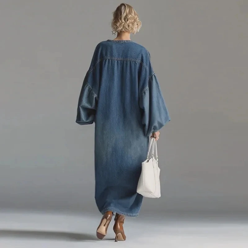 

Spring Summer New Commute Women's Dresses Fashion Lantern Long Sleeve Denim Dress Elegant Lady O-neck Loose Pleated Party Dress