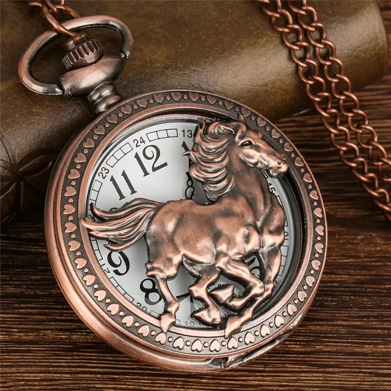 Vintage Style Hollow Animal Horse Design Men Women Quartz Analog Pocket Watch Necklace Pendant Chain Collectable Clock Reloj