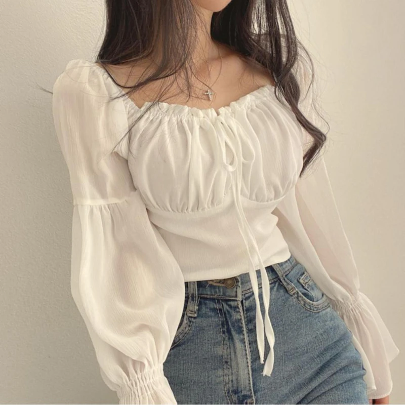 Solid Blouses Women Lace-up Flare Sleeve Square Collar Lace-up All-match Korean Style Sweet Kawaii Elegant Casual Summer Trendy