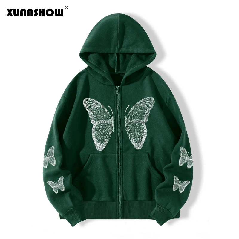 XUANSHOW Autumn Winter Women\'s Zip Up Hoodie Sweatshirt Butterfly Loose Zipper Front Pocket Casual Streetwear Hooded Jacket Coat