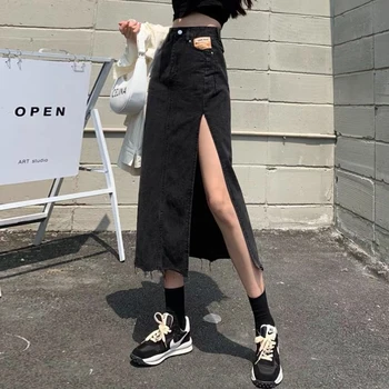 여성용 데님 반바지 중장모양 편안한 스타일의 높은 허리 A형 치마 사이드 크로스 디자인 2024년 신상품 큰 사이즈 