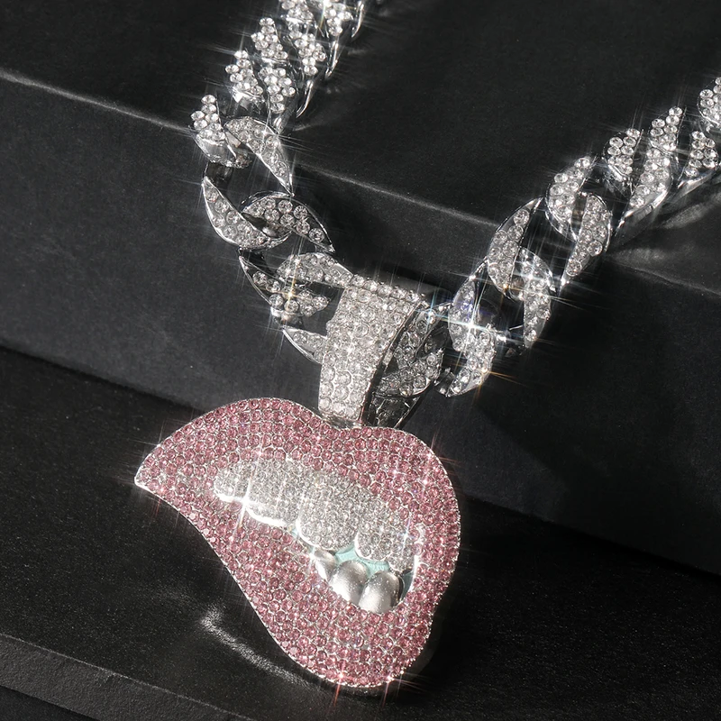 Men Hip Hop Cuban Link Chain Pink Sexy Lip Pendant Necklace Fashion Jewelry