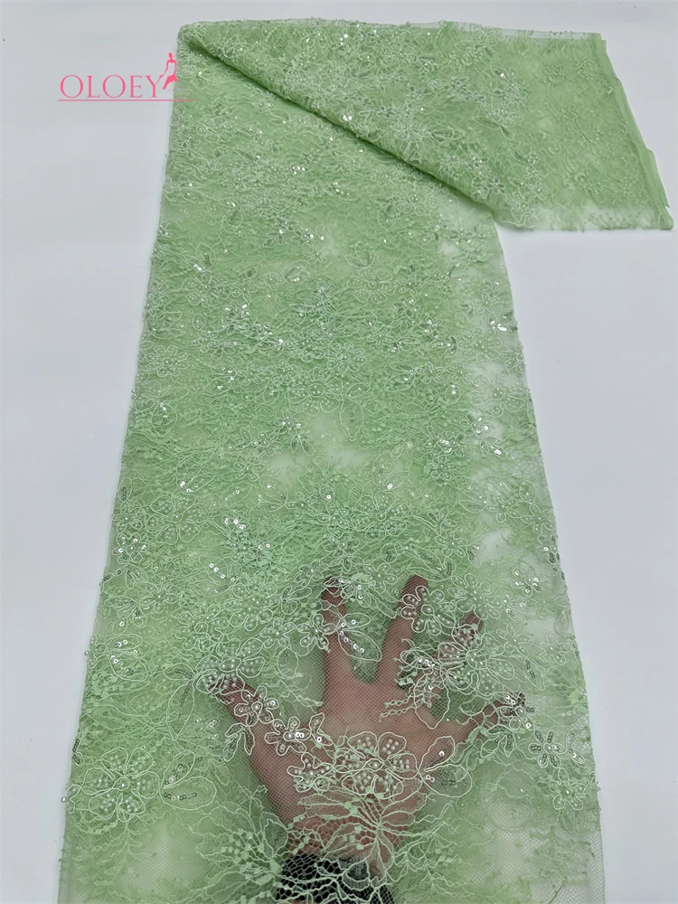 

OLOEY 5 Yards African Groom Embroidered Sequin Lace Fabric Nigerian French Beaded Lace for Wedding Dress Sewing