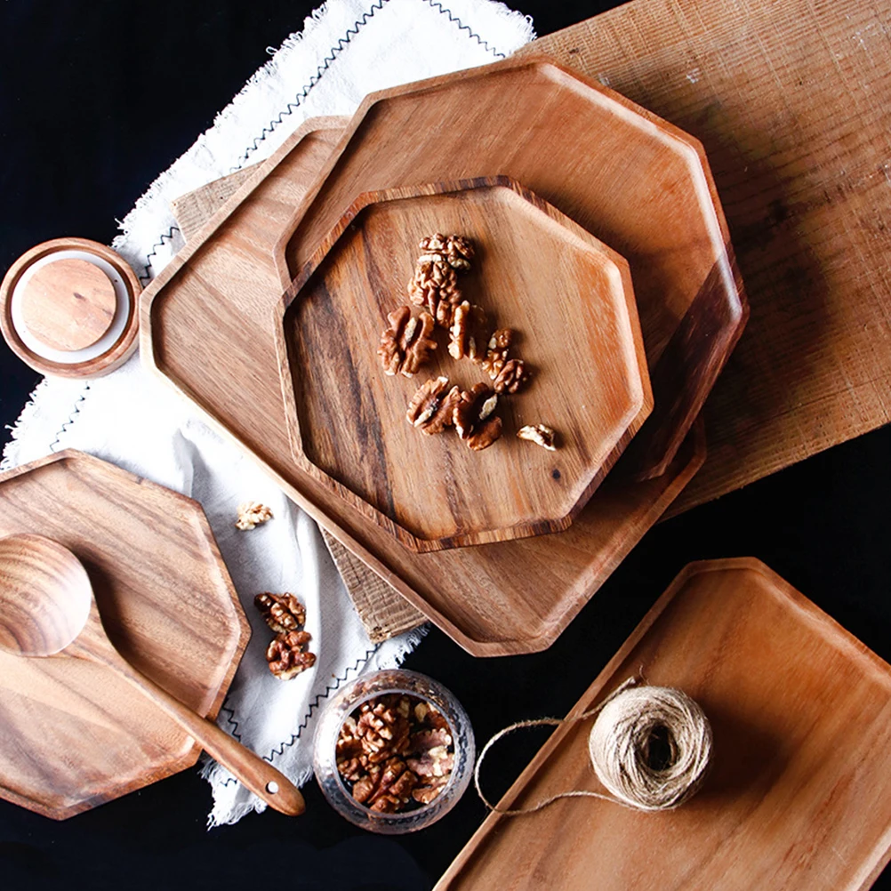 

1pc Exquisite Wooden Snack Tray Octagonal Serving Plate Smooth Breakfast Container Tableware Food Tray