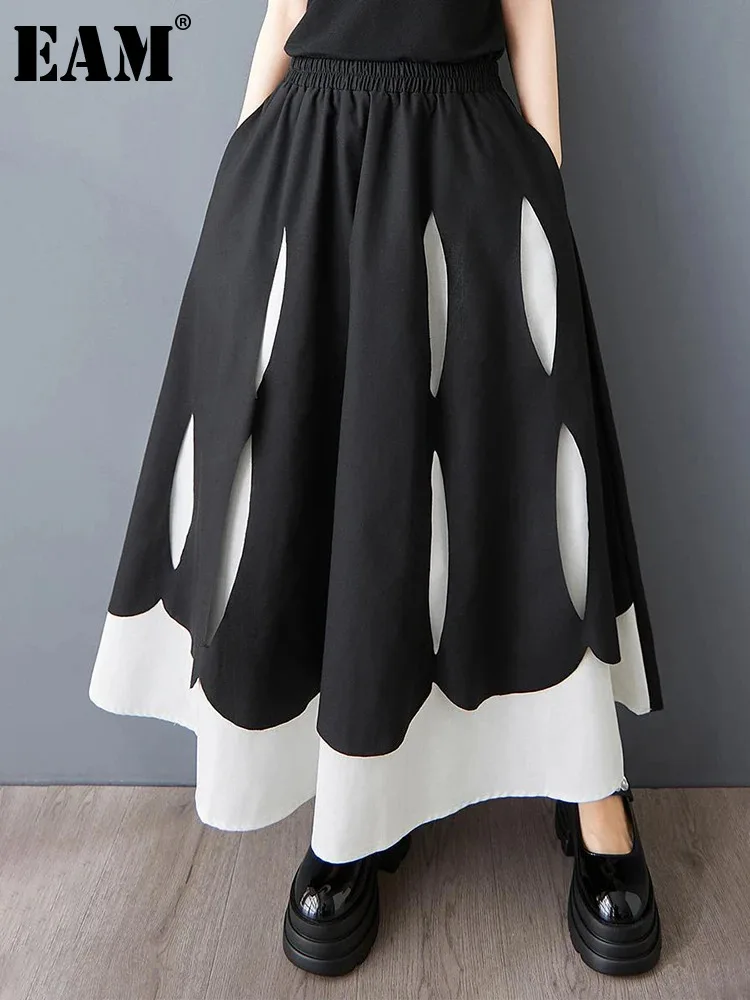 EAM Black Color-block Irregular Spliced High Elastic Waist Ankle Length Skirt Women Fashion New Spring Autumn 2025 30A3206