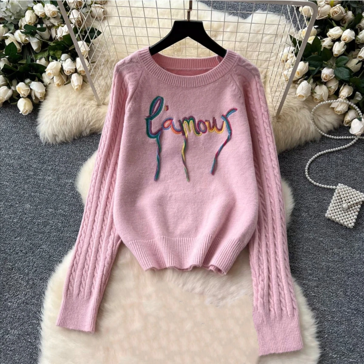 Korea Fashion Tassel Embroidery Oversized Sweater Women Autumn Casual O-neck Knitted Tops Commute Loose Pullovers Jumper