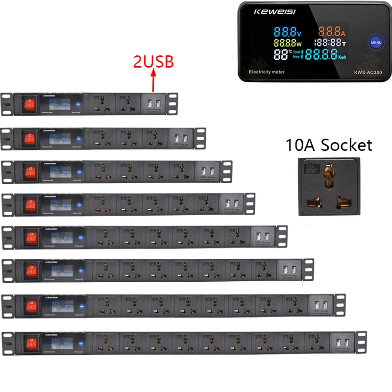 

Smart Power Strip Digital voltage measuring instrument Network Cabinet Mount Power Distribution Unit Universal Socket 2USB Port