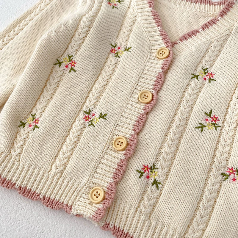 Infant Baby Girl Knitting Cardigan V-neck Flower Embroidery Long Sleeve Cardigan Coat Autumn Spring Toddler Baby Girls Sweater