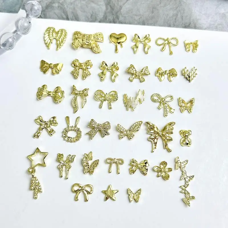 Exquisite Alloy Heart Cane Bows Nail Decorations 3D Gold Hollowed-out Stars Nail Art Charms for Making DIY Manicure Supplies