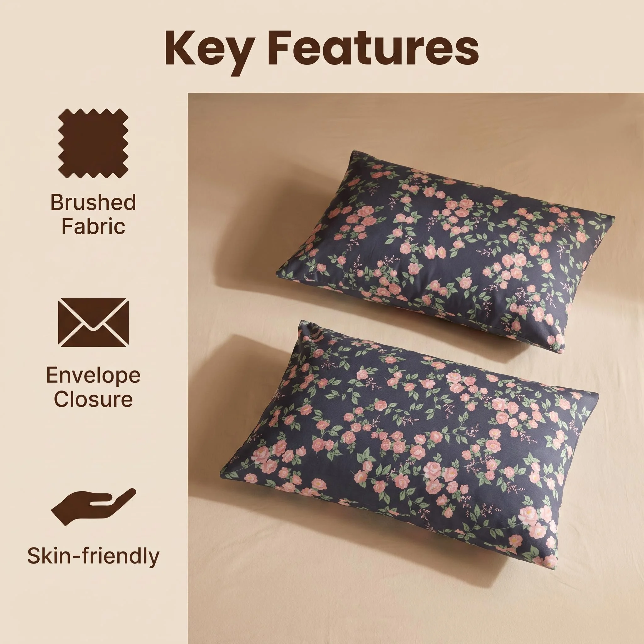 2PC Vintage Floral Print Pillowcases Set Soft Pink Rose on Deep Blue Durable Machine Washable for Home Dormitory Universal Beddi